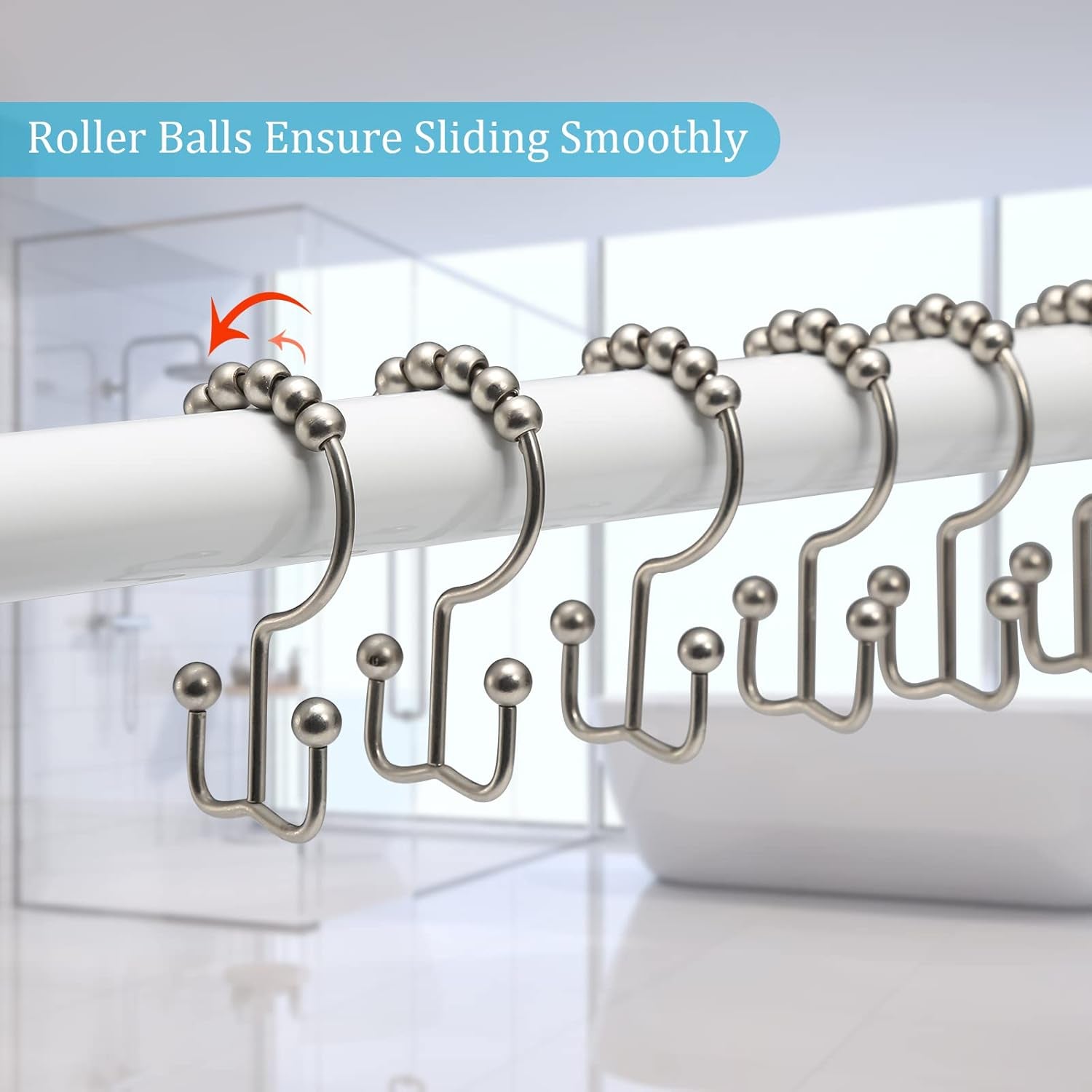 Shower Curtain Rings,  Shower Curtain Hooks, Rust-Resistant Metal Shower Hooks for Curtain, Double Glide Shower Curtain Hooks for Bathroom Shower Curtain & Shower Liner, Set of 12, Matte Nickel