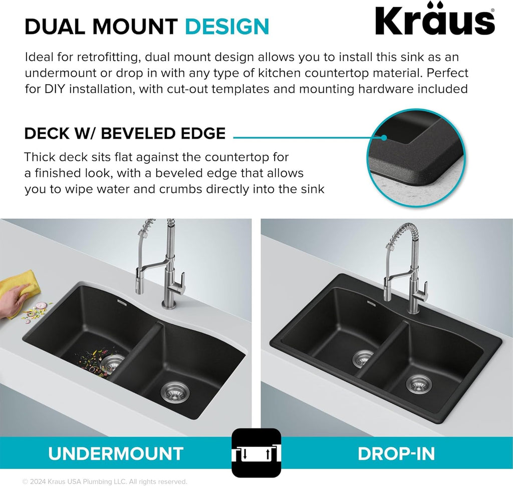 Forteza 33-Inch Drop In/Undermount 50/50 Double Bowl Granite Kitchen Sink in Black, KGD-52BLACK