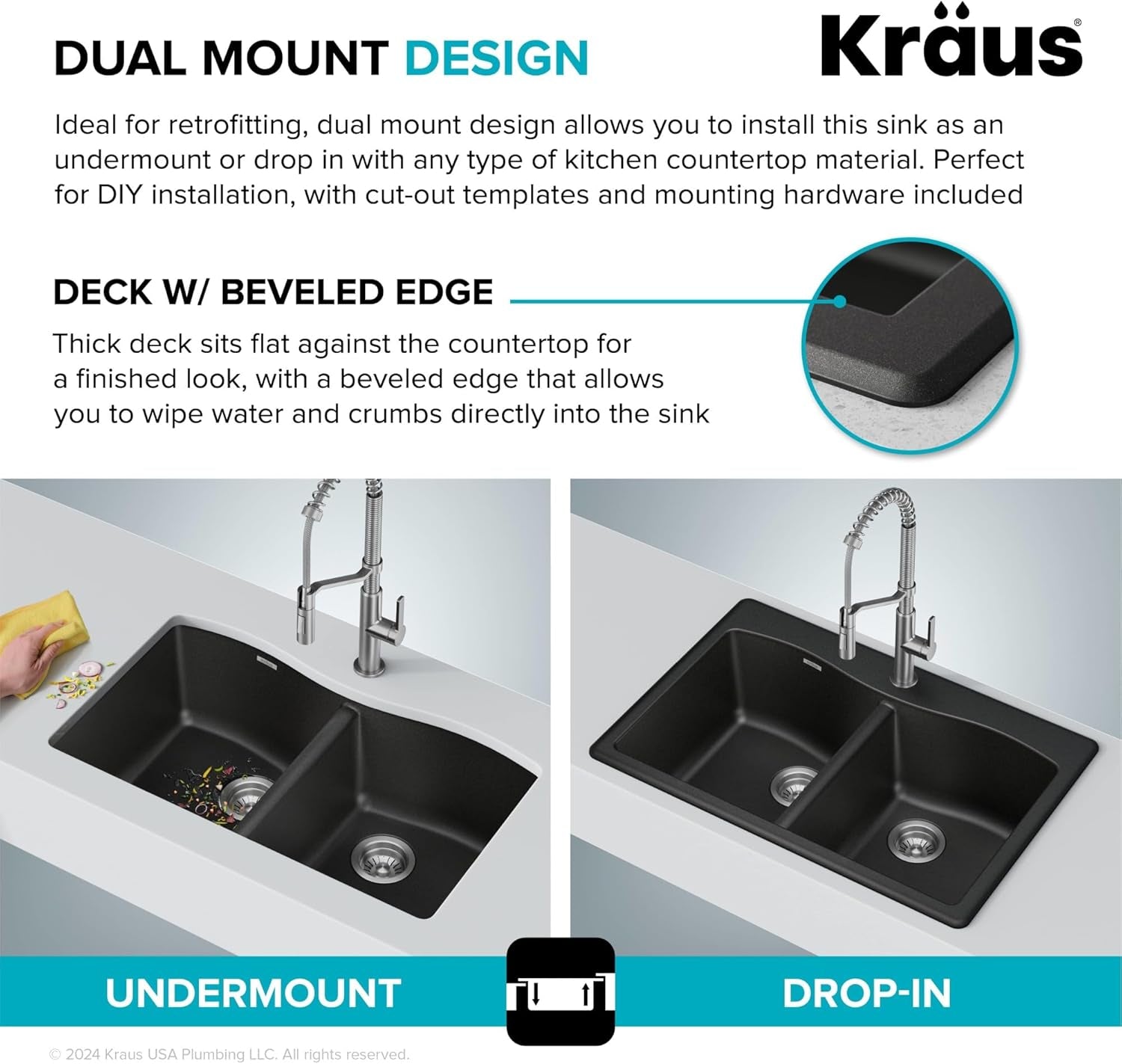 Forteza 33-Inch Drop In/Undermount 50/50 Double Bowl Granite Kitchen Sink in Black, KGD-52BLACK