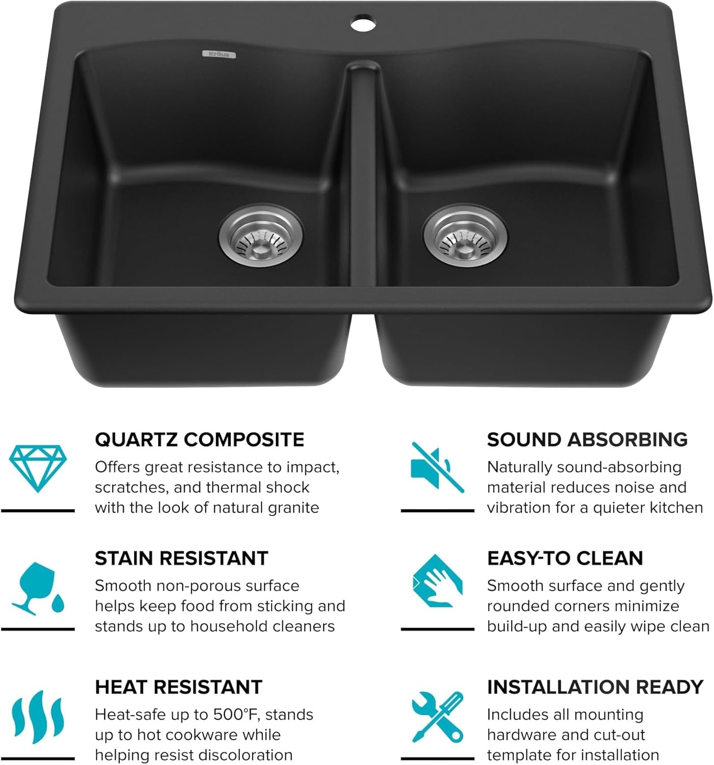 Forteza 33-Inch Drop In/Undermount 50/50 Double Bowl Granite Kitchen Sink in Black, KGD-52BLACK