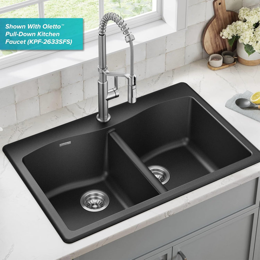 Forteza 33-Inch Drop In/Undermount 50/50 Double Bowl Granite Kitchen Sink in Black, KGD-52BLACK