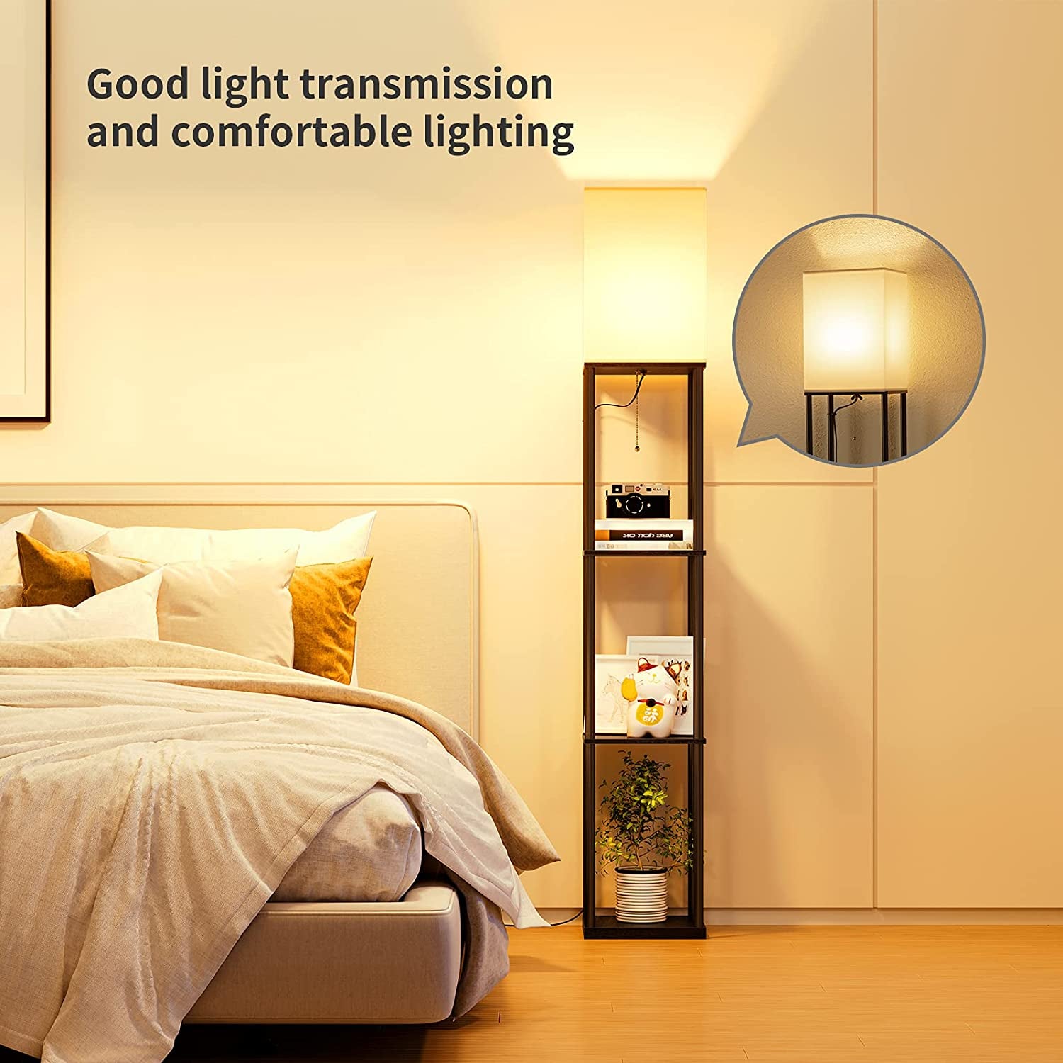 Floor Lamp with Shelves, Modern Square Standing Lamp with 3 Color Temperature Bulb, Corner Display Bookshelf Lamp for Living Room and Bedroom(Black)