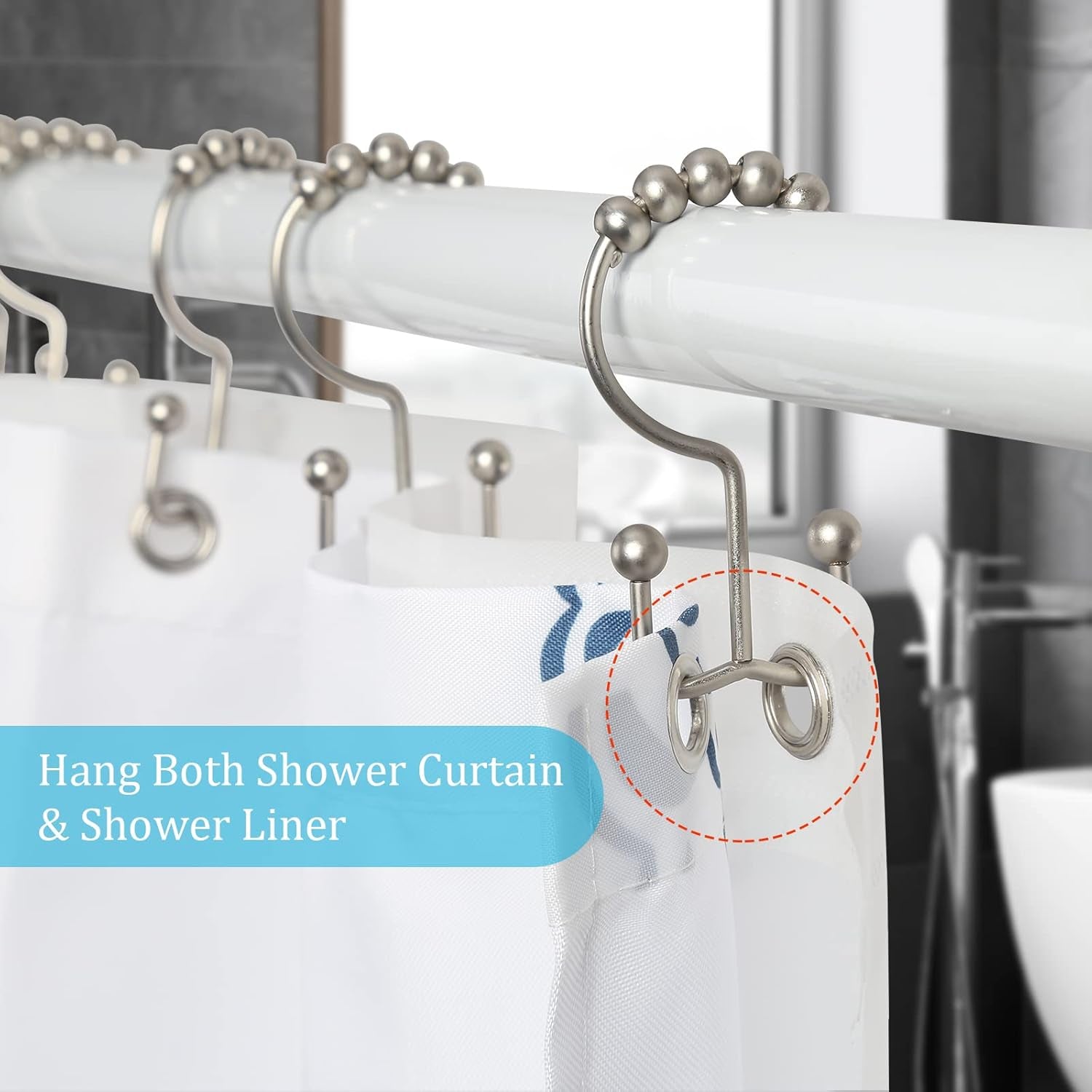 Shower Curtain Rings,  Shower Curtain Hooks, Rust-Resistant Metal Shower Hooks for Curtain, Double Glide Shower Curtain Hooks for Bathroom Shower Curtain & Shower Liner, Set of 12, Matte Nickel