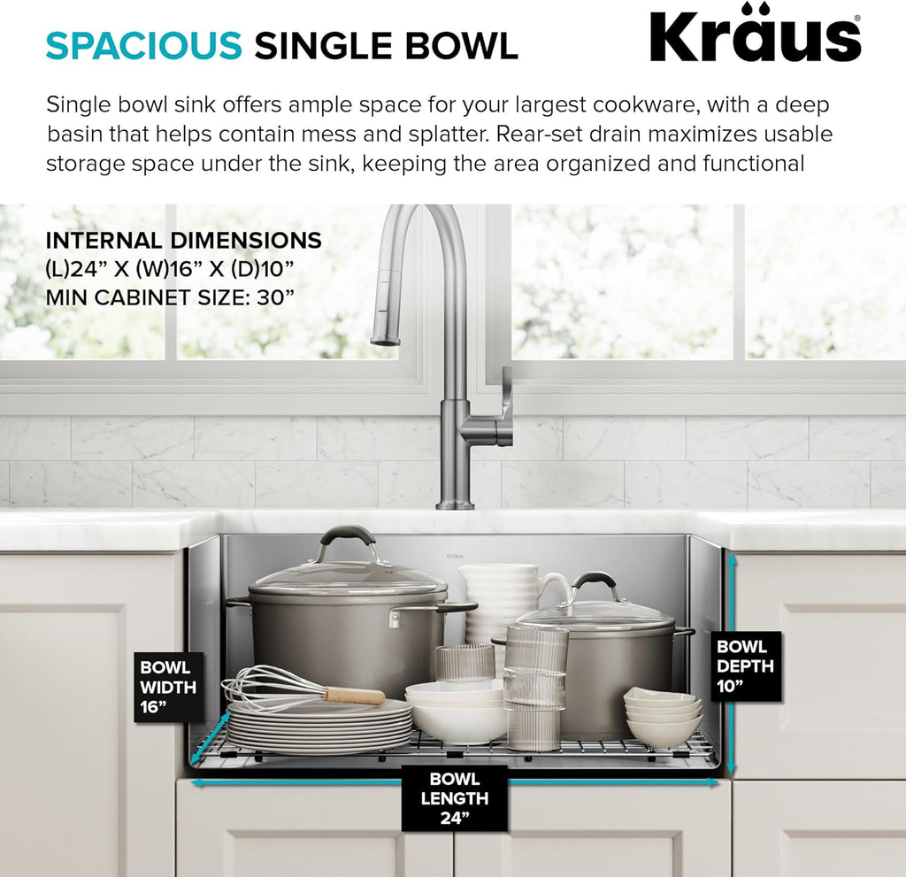 Standart PRO 26-Inch 16 Gauge Undermount Single Bowl Stainless Steel Kitchen Sink, KHU100-26