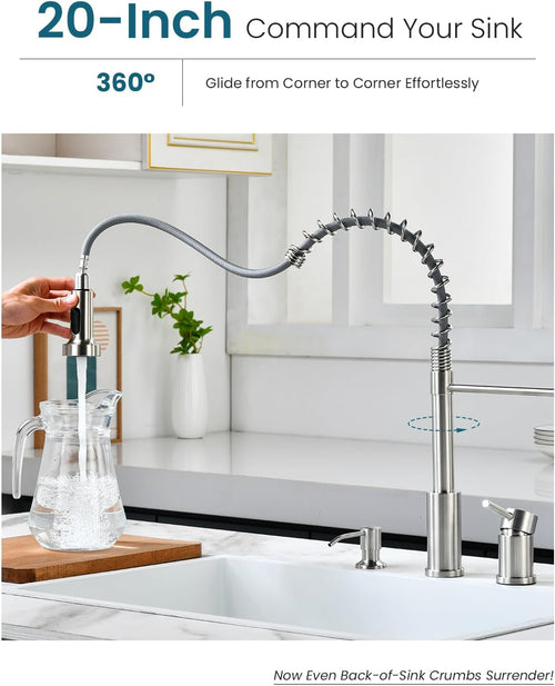 3 Hole Kitchen Faucet with Soap Dispenser, 3 Piece Kitchen Sink Faucets with Pull down Sprayer, Stainless Steel Faucet with Sprayer, Separate Handle, Brushed Nickel