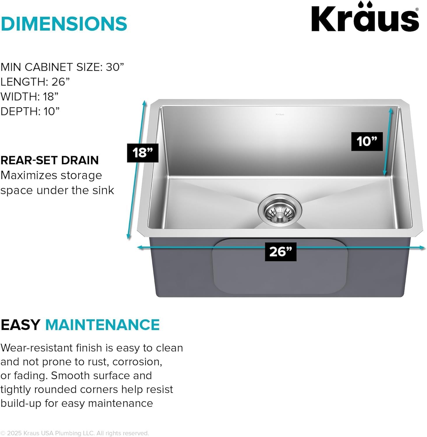 Standart PRO 26-Inch 16 Gauge Undermount Single Bowl Stainless Steel Kitchen Sink, KHU100-26