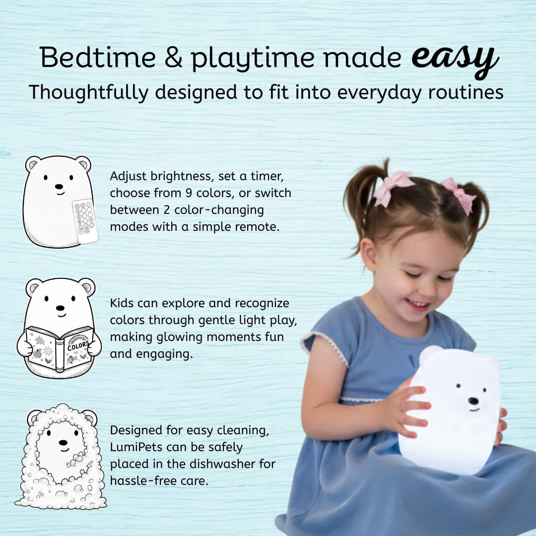 Benny the Bear Squishy Silicone Night Light for Kids | Cute Night Light with Remote & Touch Control for Girls & Boys | 9 Color Changing Soft Portable Animal Lamp Comes with USB Cord