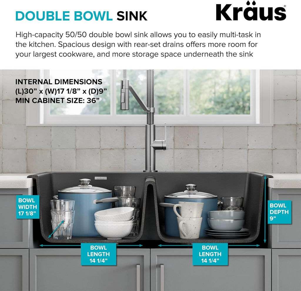 Forteza 33-Inch Drop In/Undermount 50/50 Double Bowl Granite Kitchen Sink in Black, KGD-52BLACK