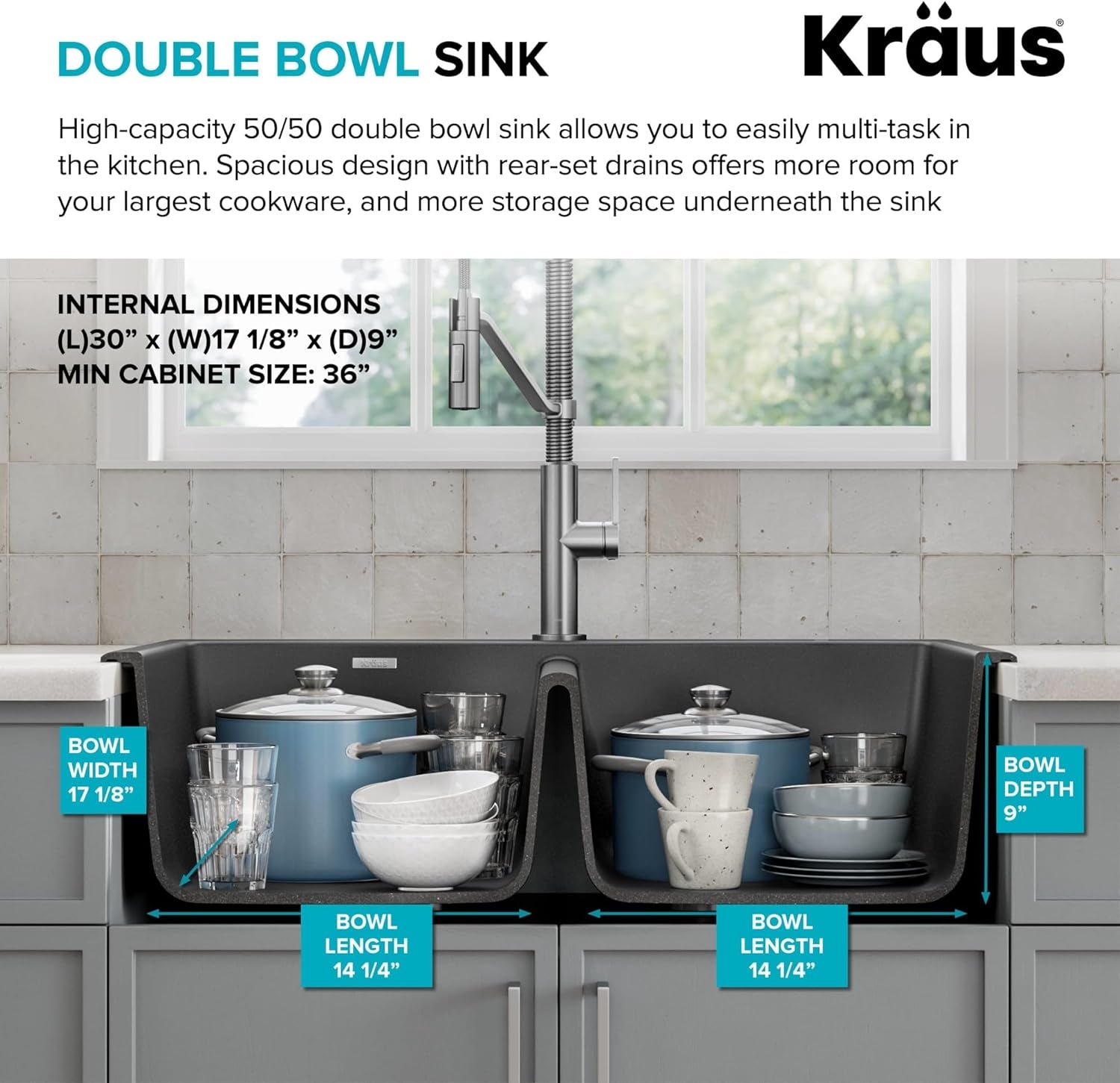 Forteza 33-Inch Drop In/Undermount 50/50 Double Bowl Granite Kitchen Sink in Black, KGD-52BLACK