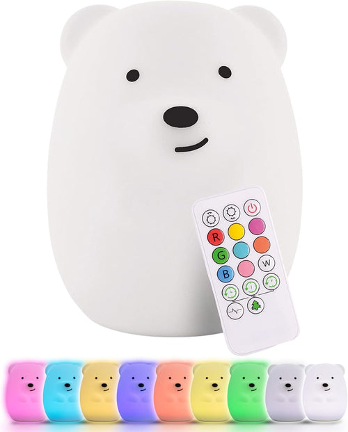 Benny the Bear Squishy Silicone Night Light for Kids | Cute Night Light with Remote & Touch Control for Girls & Boys | 9 Color Changing Soft Portable Animal Lamp Comes with USB Cord