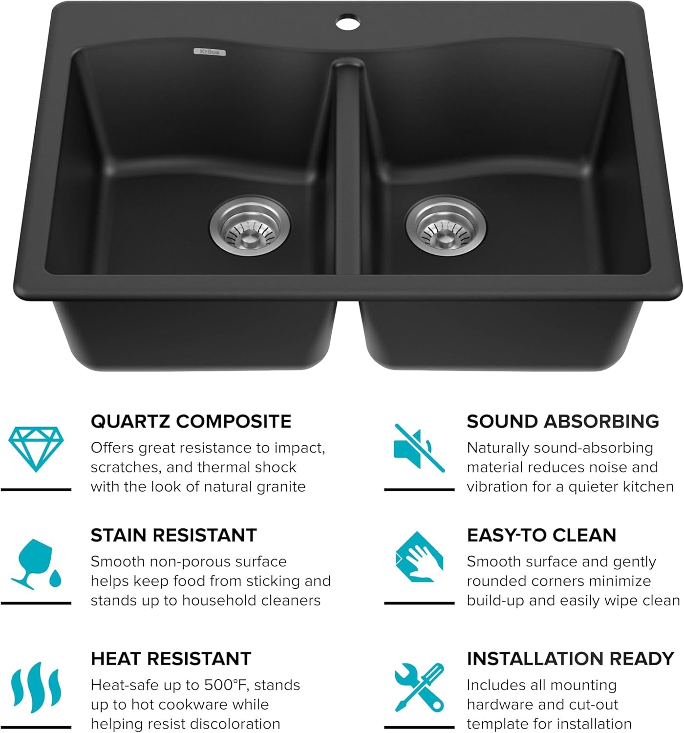 Forteza 33-Inch Drop In/Undermount 50/50 Double Bowl Granite Kitchen Sink in Black, KGD-52BLACK
