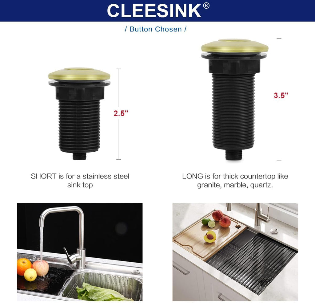 Garbage Disposal Switch, Cordless Air on off Kit for Food Waste Disposer, Brushed Gold, SHORT 2.5" Sink Top Push Button by