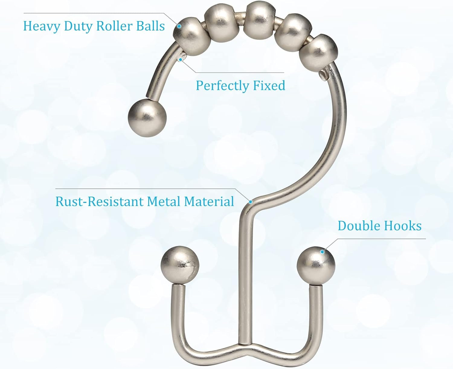 Shower Curtain Rings,  Shower Curtain Hooks, Rust-Resistant Metal Shower Hooks for Curtain, Double Glide Shower Curtain Hooks for Bathroom Shower Curtain & Shower Liner, Set of 12, Matte Nickel