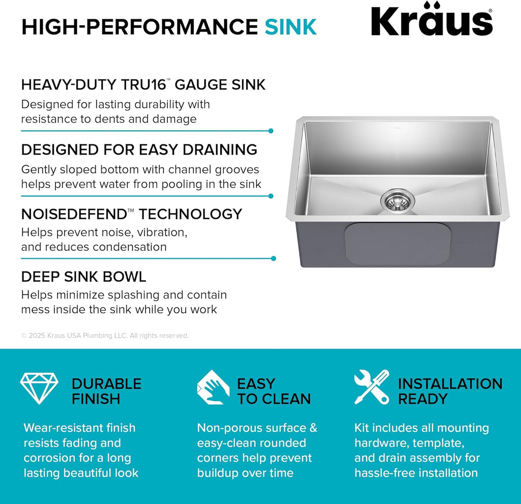 Standart PRO 26-Inch 16 Gauge Undermount Single Bowl Stainless Steel Kitchen Sink, KHU100-26