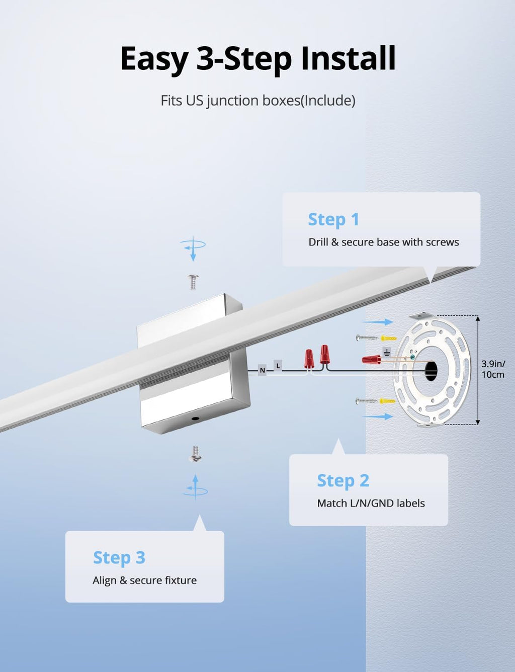 24 Inch Vanity Lights above Mirror Modern Gentle Lighting Bar for Bathroom, LED Lámparas Para Baño Sobre Espejo Modernas Chrome Long Restroom Lamp Fixtures for Makeup Daylight 6000K