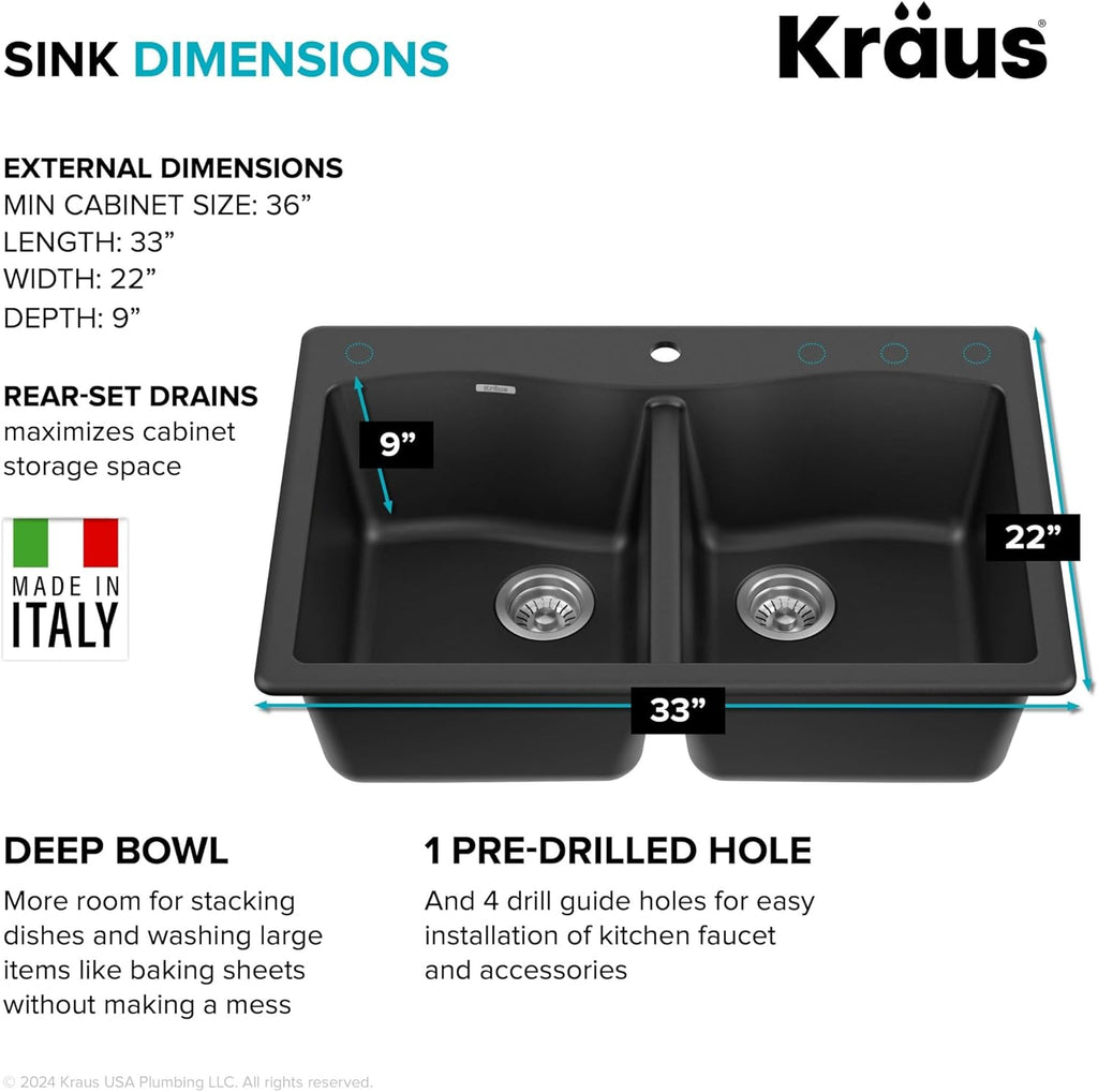 Forteza 33-Inch Drop In/Undermount 50/50 Double Bowl Granite Kitchen Sink in Black, KGD-52BLACK