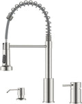 3 Hole Kitchen Faucet with Soap Dispenser, 3 Piece Kitchen Sink Faucets with Pull down Sprayer, Stainless Steel Faucet with Sprayer, Separate Handle, Brushed Nickel