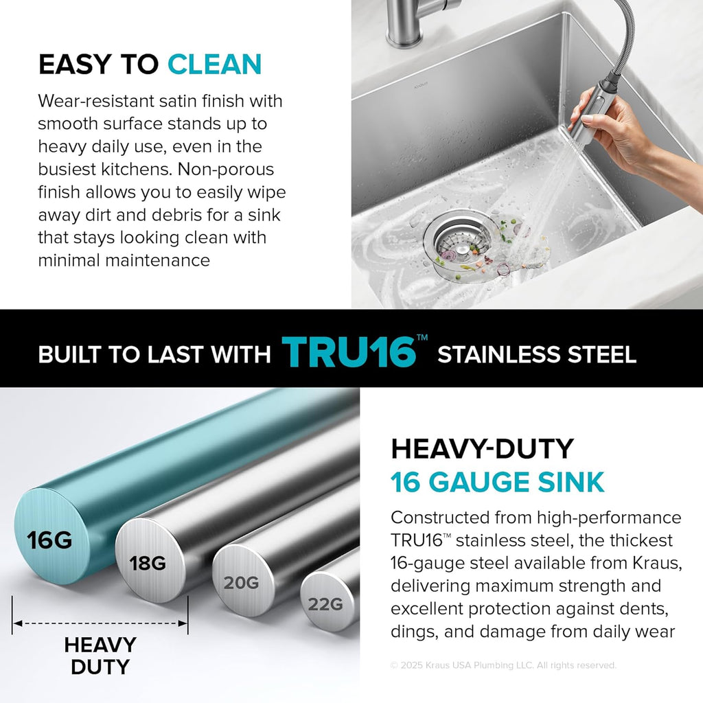 Standart PRO 26-Inch 16 Gauge Undermount Single Bowl Stainless Steel Kitchen Sink, KHU100-26