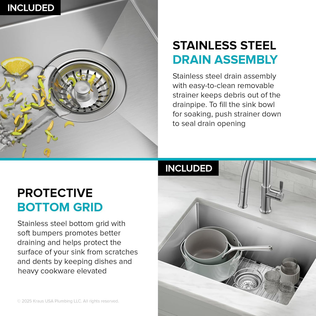 Standart PRO 26-Inch 16 Gauge Undermount Single Bowl Stainless Steel Kitchen Sink, KHU100-26