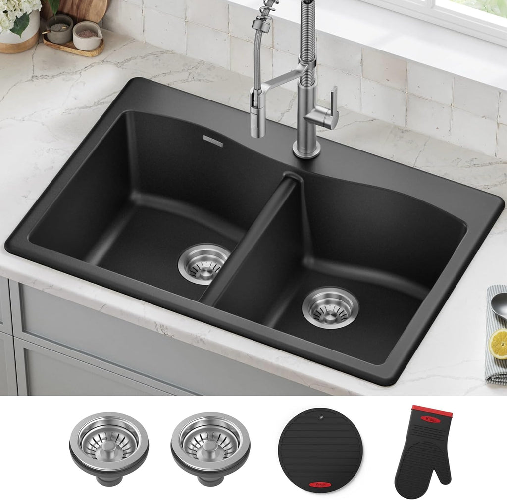 Forteza 33-Inch Drop In/Undermount 50/50 Double Bowl Granite Kitchen Sink in Black, KGD-52BLACK