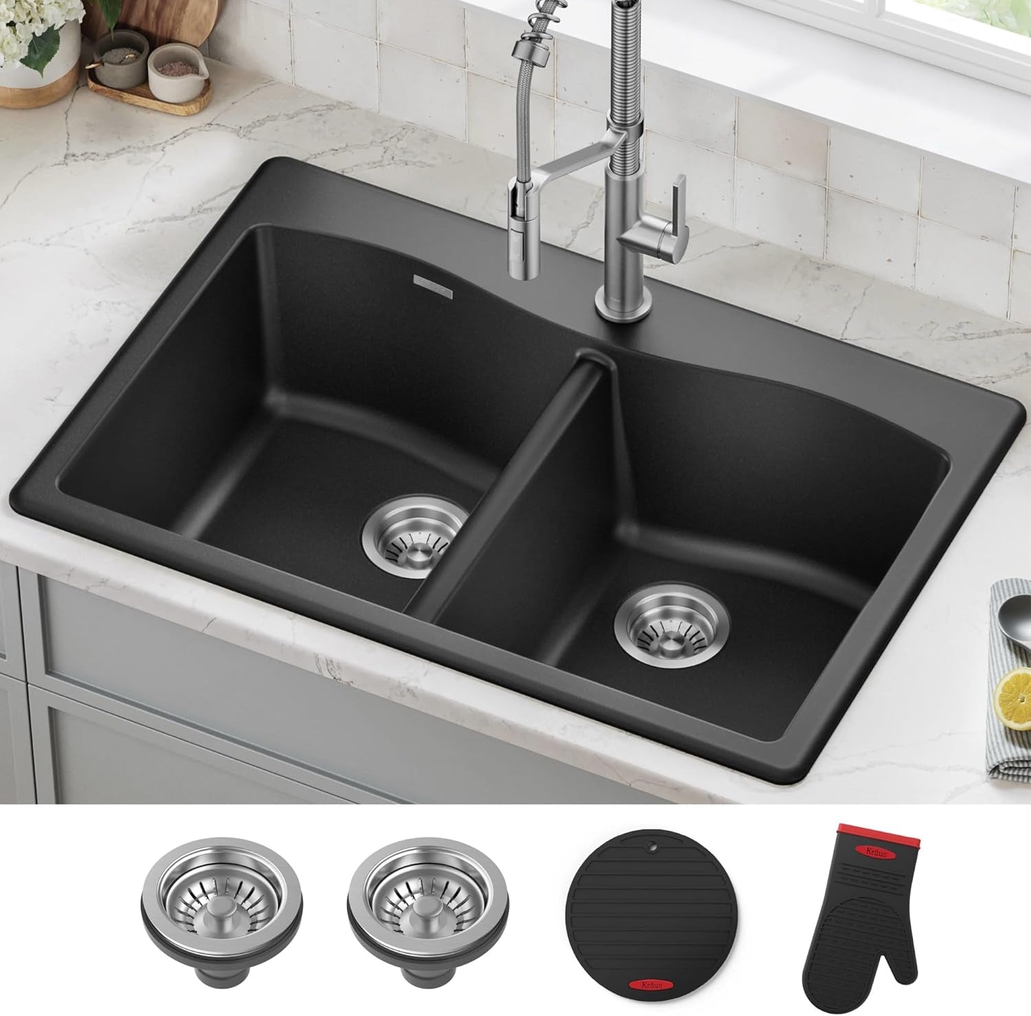 Forteza 33-Inch Drop In/Undermount 50/50 Double Bowl Granite Kitchen Sink in Black, KGD-52BLACK
