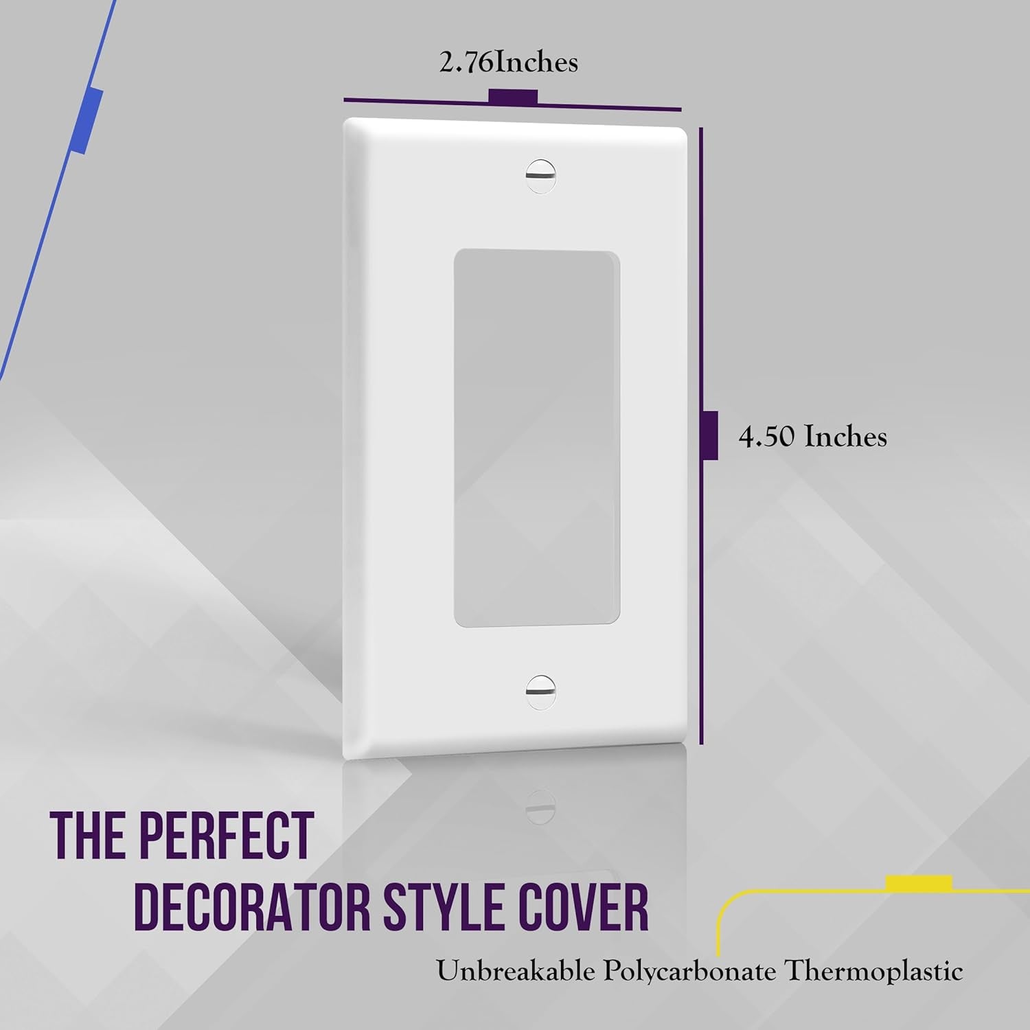 Decorator Light Switch or Receptacle Outlet Wall Plate, Gloss Finish, Size 1-Gang 4.50" X 2.76", Unbreakable Polycarbonate Thermoplastic, UL Listed, , White