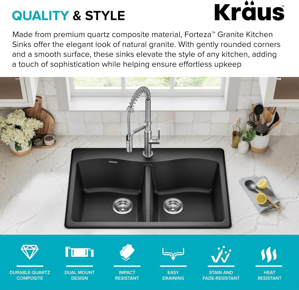 Forteza 33-Inch Drop In/Undermount 50/50 Double Bowl Granite Kitchen Sink in Black, KGD-52BLACK