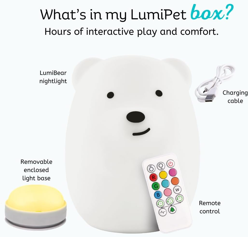 Benny the Bear Squishy Silicone Night Light for Kids | Cute Night Light with Remote & Touch Control for Girls & Boys | 9 Color Changing Soft Portable Animal Lamp Comes with USB Cord