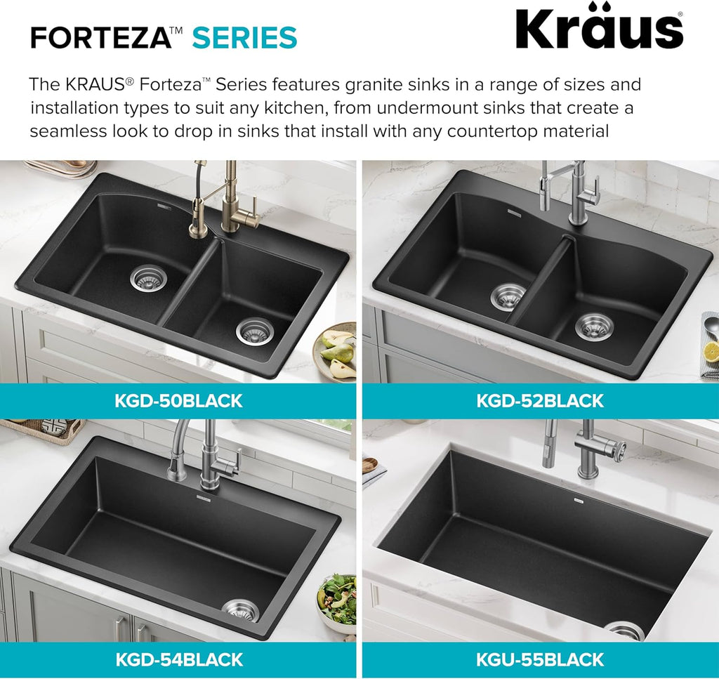 Forteza 33-Inch Drop In/Undermount 50/50 Double Bowl Granite Kitchen Sink in Black, KGD-52BLACK