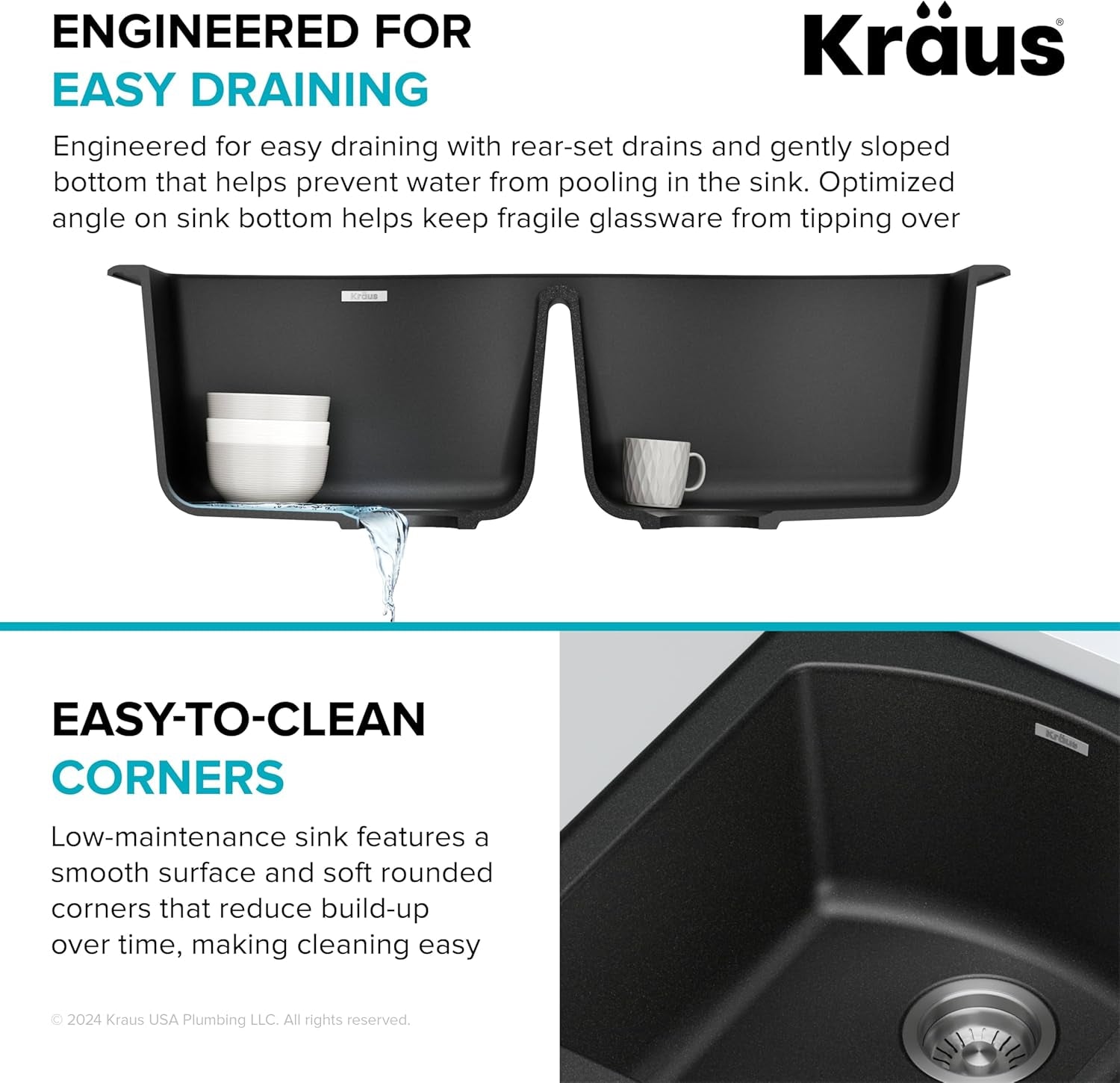 Forteza 33-Inch Drop In/Undermount 50/50 Double Bowl Granite Kitchen Sink in Black, KGD-52BLACK