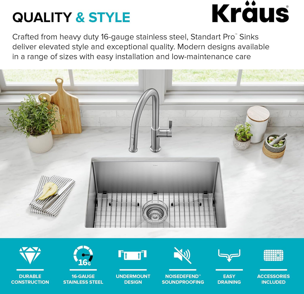 Standart PRO 26-Inch 16 Gauge Undermount Single Bowl Stainless Steel Kitchen Sink, KHU100-26