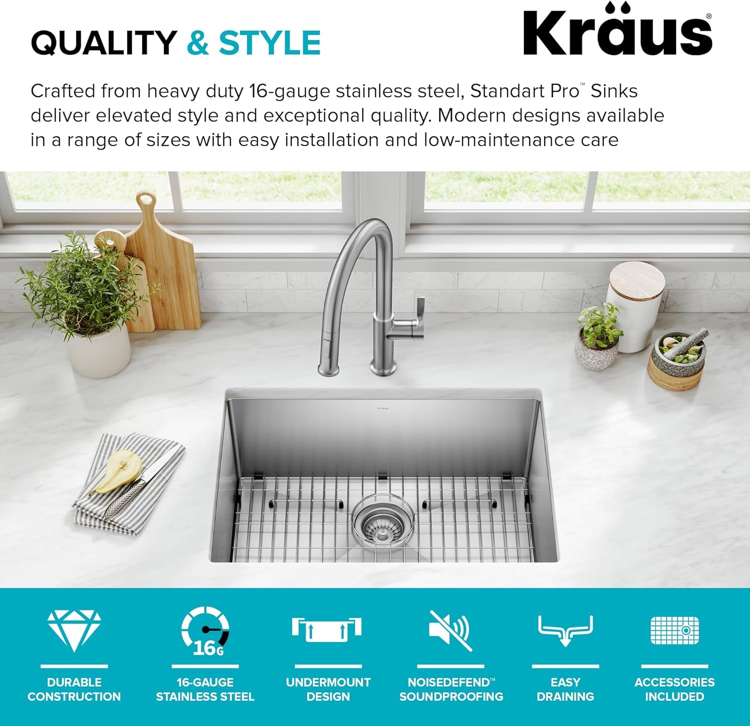 Standart PRO 26-Inch 16 Gauge Undermount Single Bowl Stainless Steel Kitchen Sink, KHU100-26