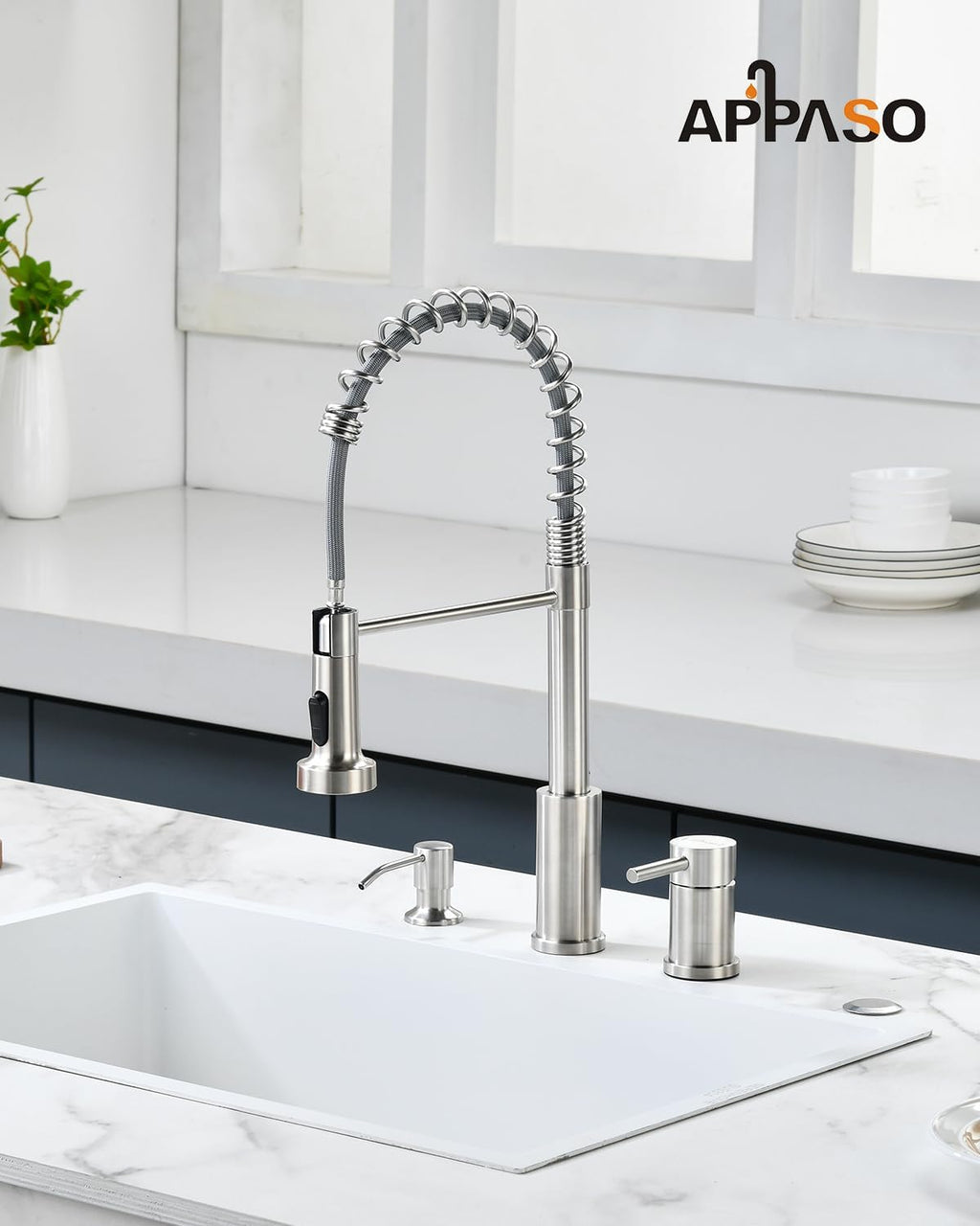 3 Hole Kitchen Faucet with Soap Dispenser, 3 Piece Kitchen Sink Faucets with Pull down Sprayer, Stainless Steel Faucet with Sprayer, Separate Handle, Brushed Nickel