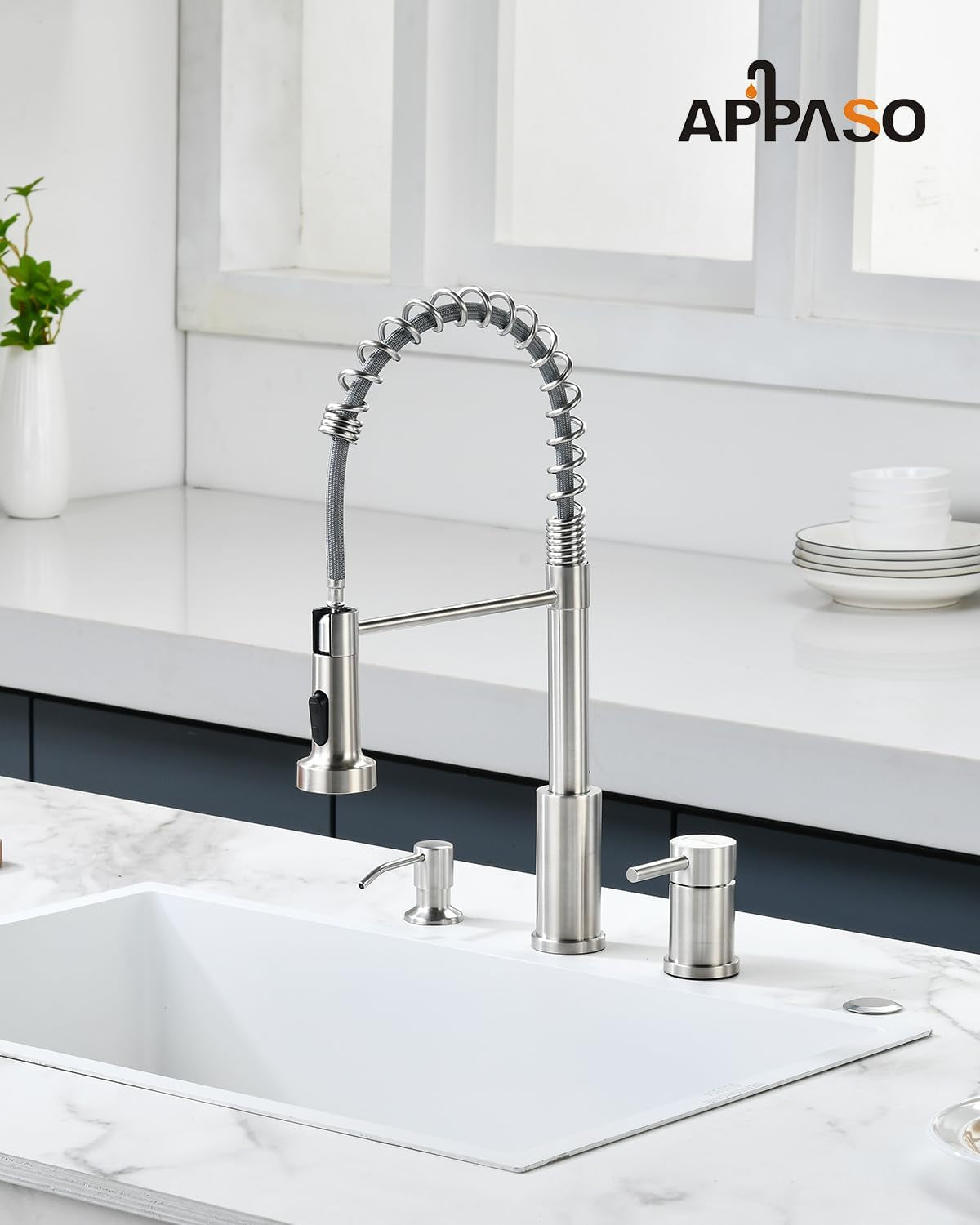 3 Hole Kitchen Faucet with Soap Dispenser, 3 Piece Kitchen Sink Faucets with Pull down Sprayer, Stainless Steel Faucet with Sprayer, Separate Handle, Brushed Nickel