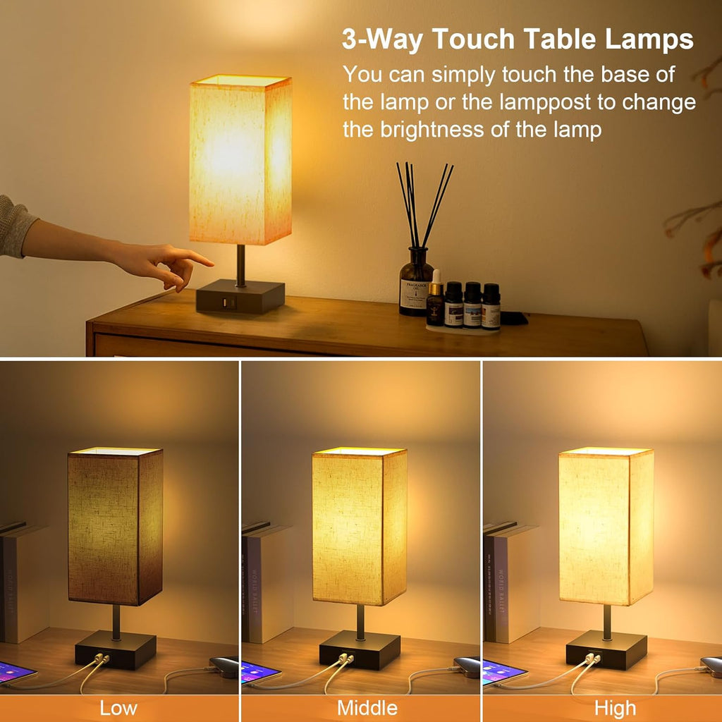 Bedside Lamp, Touch Control Small Lamp for Bedroom, Nightstand Lamp with Charging Station USB C + a Ports, 3 Way Dimmable for Home Living Room, LED Bulb Included, Upgraded Fabric Shade, Cream